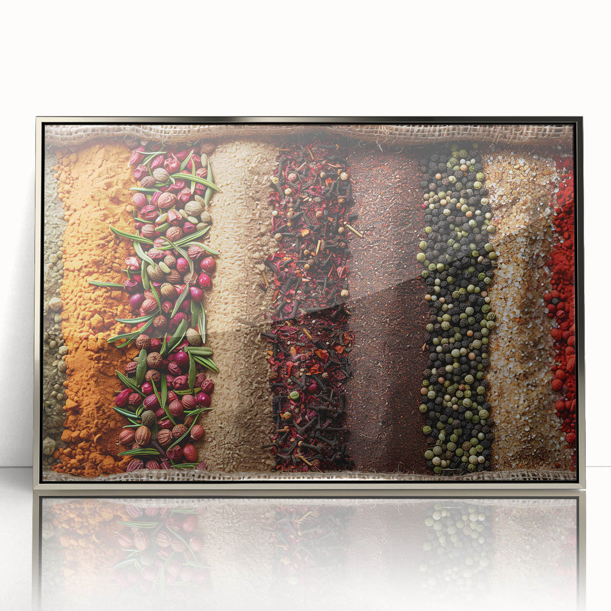 Mid-century modernist Dubai skyline in silver acrylic frame, with muted earth tones, ideal for modern art wall decor.