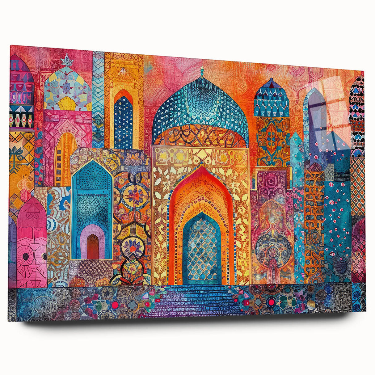 Large abstract wall art of a Middle Eastern scenery in muted earth tones on acrylic glass.