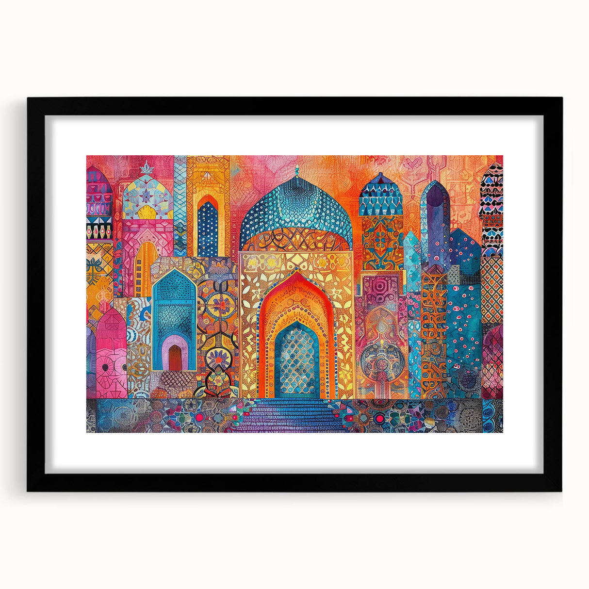Extra large abstract art print depicting a colorful, textured scenery of a Middle Eastern landscape, in a black frame.