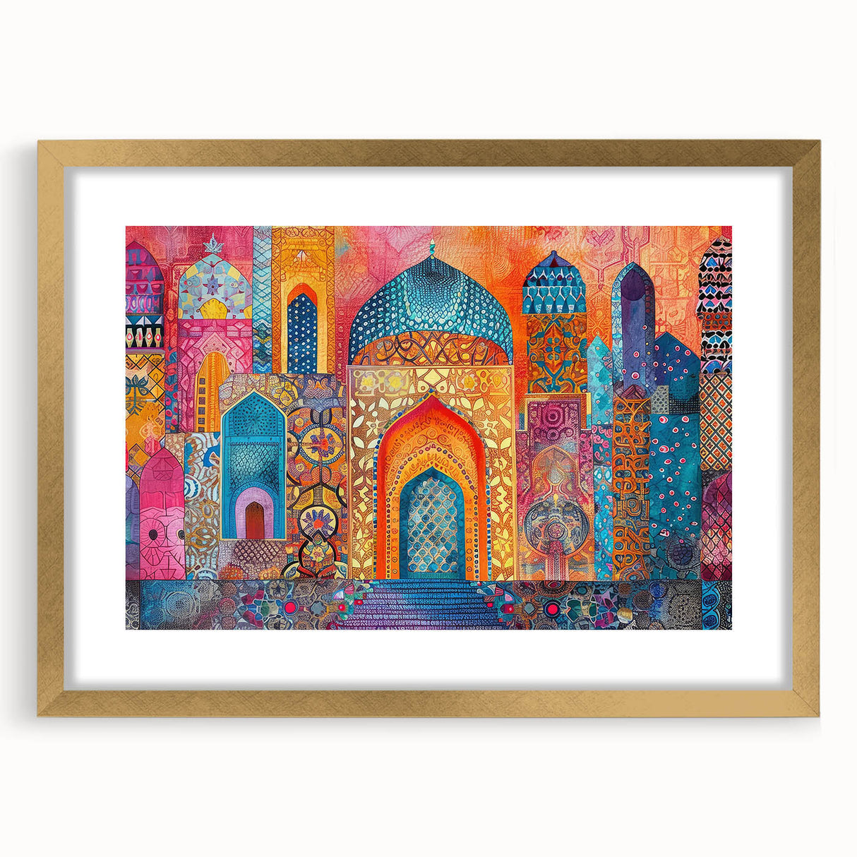 Extra large abstract art print featuring a textured scene of a Middle Eastern landscape in muted earth tones, framed in gold.