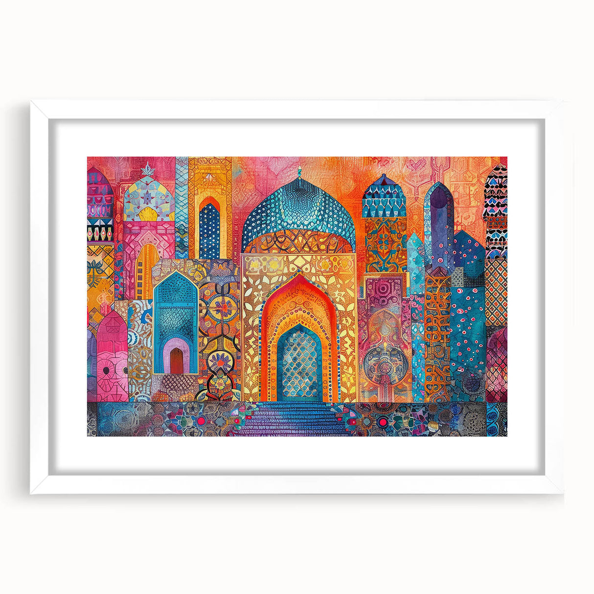 Abstract art print depicting a Middle-Eastern scenery in muted earth tones on a framed white mat.