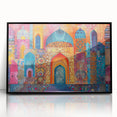 Large abstract wall art depicting a Middle Eastern scenery in muted earth tones on a black framed acrylic.