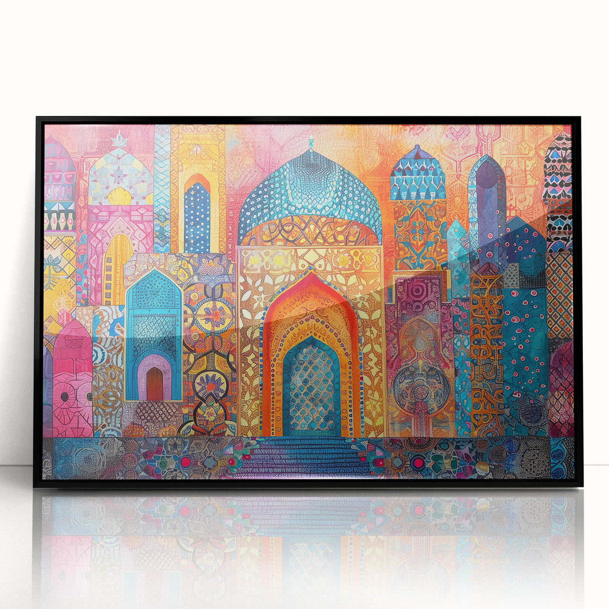 Large abstract wall art depicting a Middle Eastern scenery in muted earth tones on a black framed acrylic.