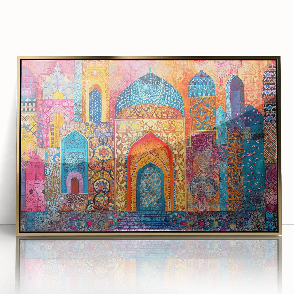 Mid-century modernist art of an Iranian landscape in gold and earth tones, acrylic print framed.