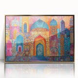 Mid-century modernist art of an Iranian landscape in gold and earth tones, acrylic print framed.