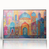 Acrylic print of a Middle Eastern scenery, featuring muted earth tones and art deco style.