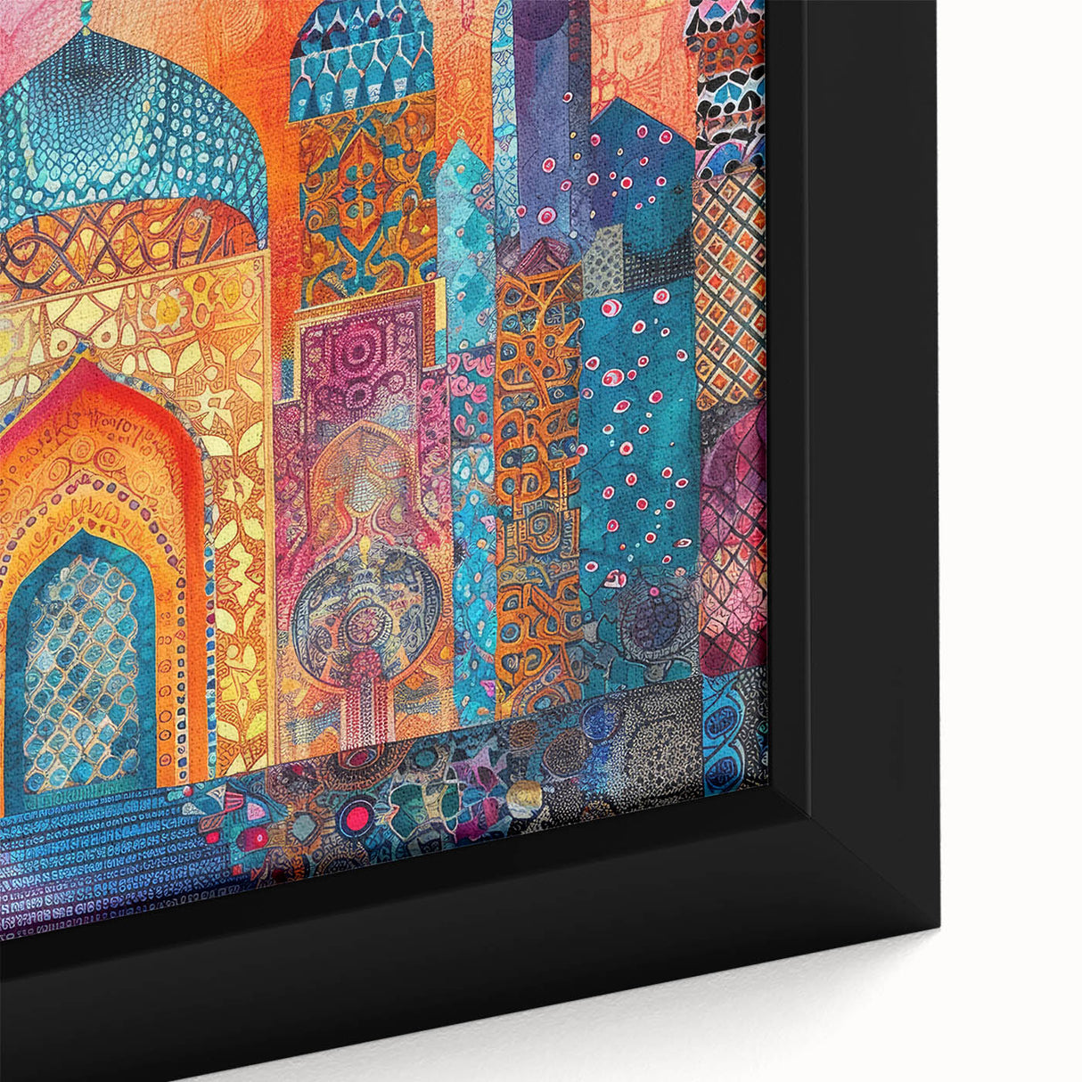 Extra large framed canvas featuring a textured black wall art with colorful Middle Eastern scenery.