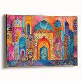 Vintage poster art of an Iranian landscape on a framed canvas with gold and black tones, ideal for bedroom decor.