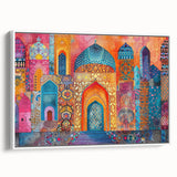 Vintage poster art of a Middle Eastern scenery on extra large framed canvas with colorful imagery.