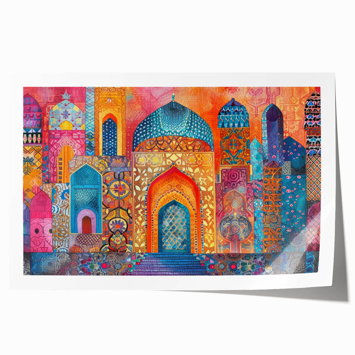 Extra large rolled print of a floral scene in Iran with vibrant green and pink tones, ideal for dining room wall art.