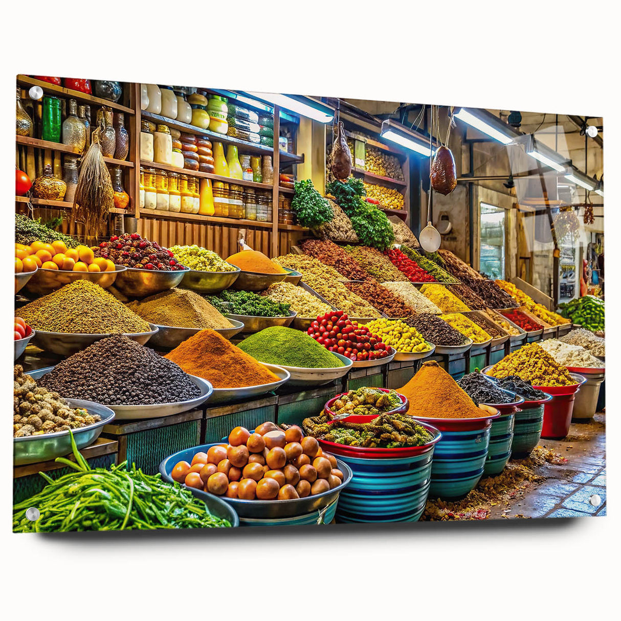 Acrylic print of Tel Aviv skyline in muted earth tones, ideal for dining room decor.