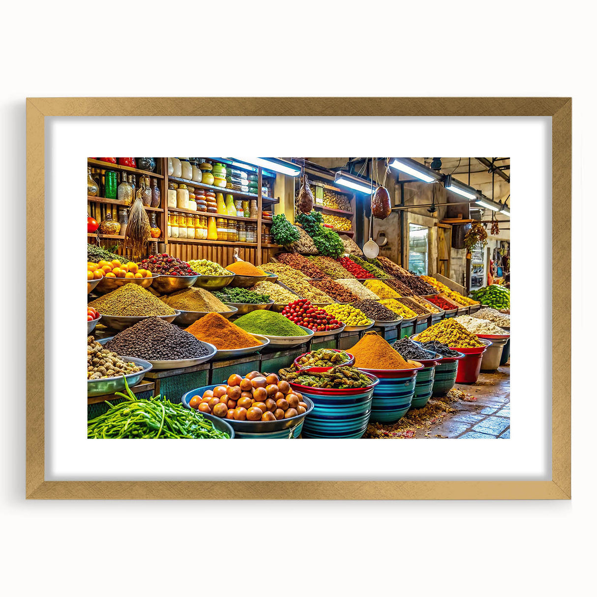 Extra large abstract art print of Tel Aviv skyline in gold frame, featuring textured design in muted earth tones.