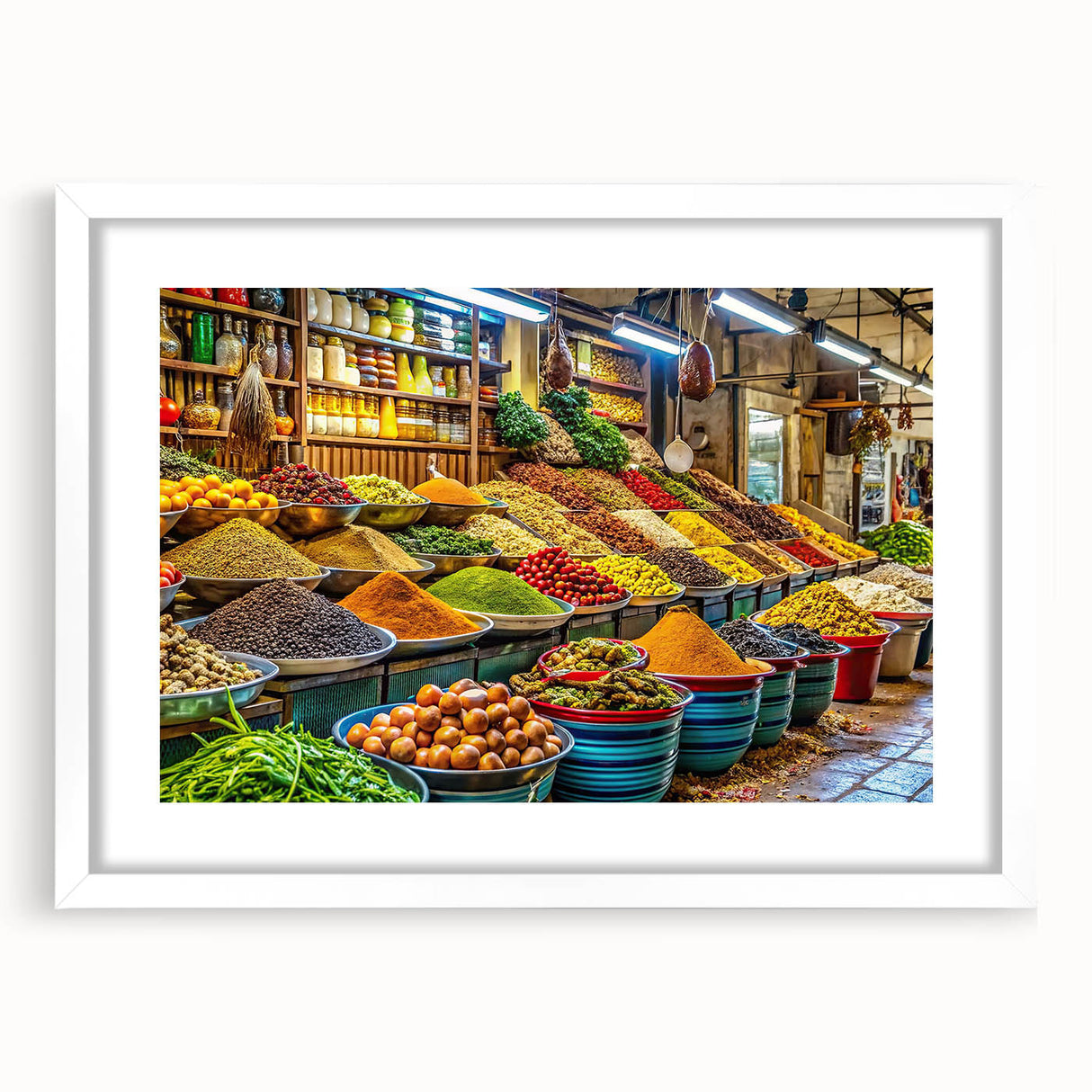 Abstract art print of Tel Aviv skyline in muted gray and blue tones, framed with a white mat, suitable for dining room decor.