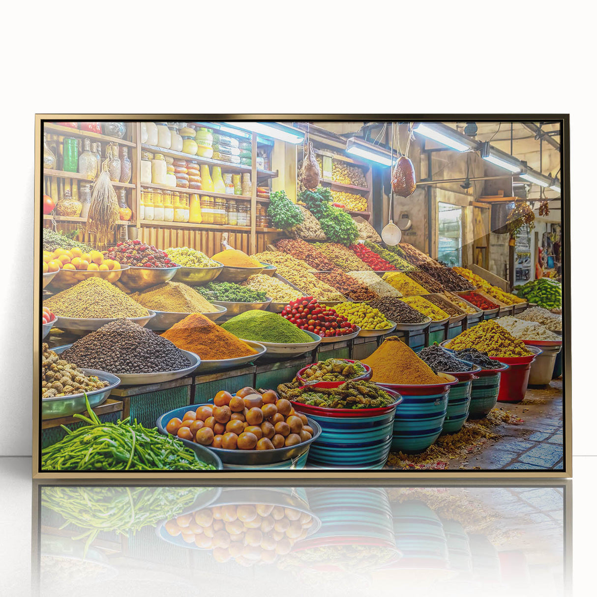 Mid-century modernist art of Tel Aviv skyline in gold and blue tones, framed acrylic print.