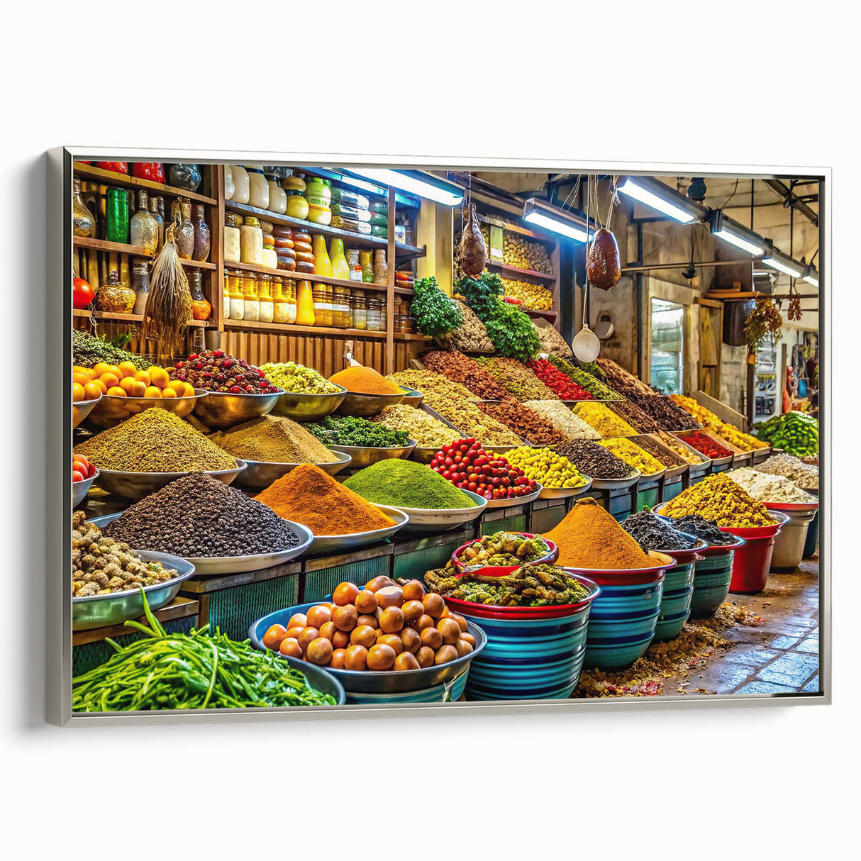 Landscape art painting of Tel Aviv skyline in muted gray and vibrant colors on a framed canvas.