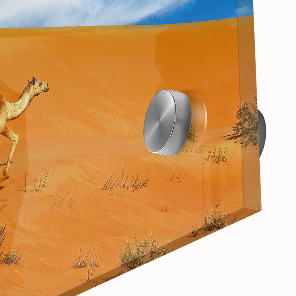 Large abstract wall art of Middle Eastern scenery in muted earth tones on acrylic glass, ideal for dining room ambiance.