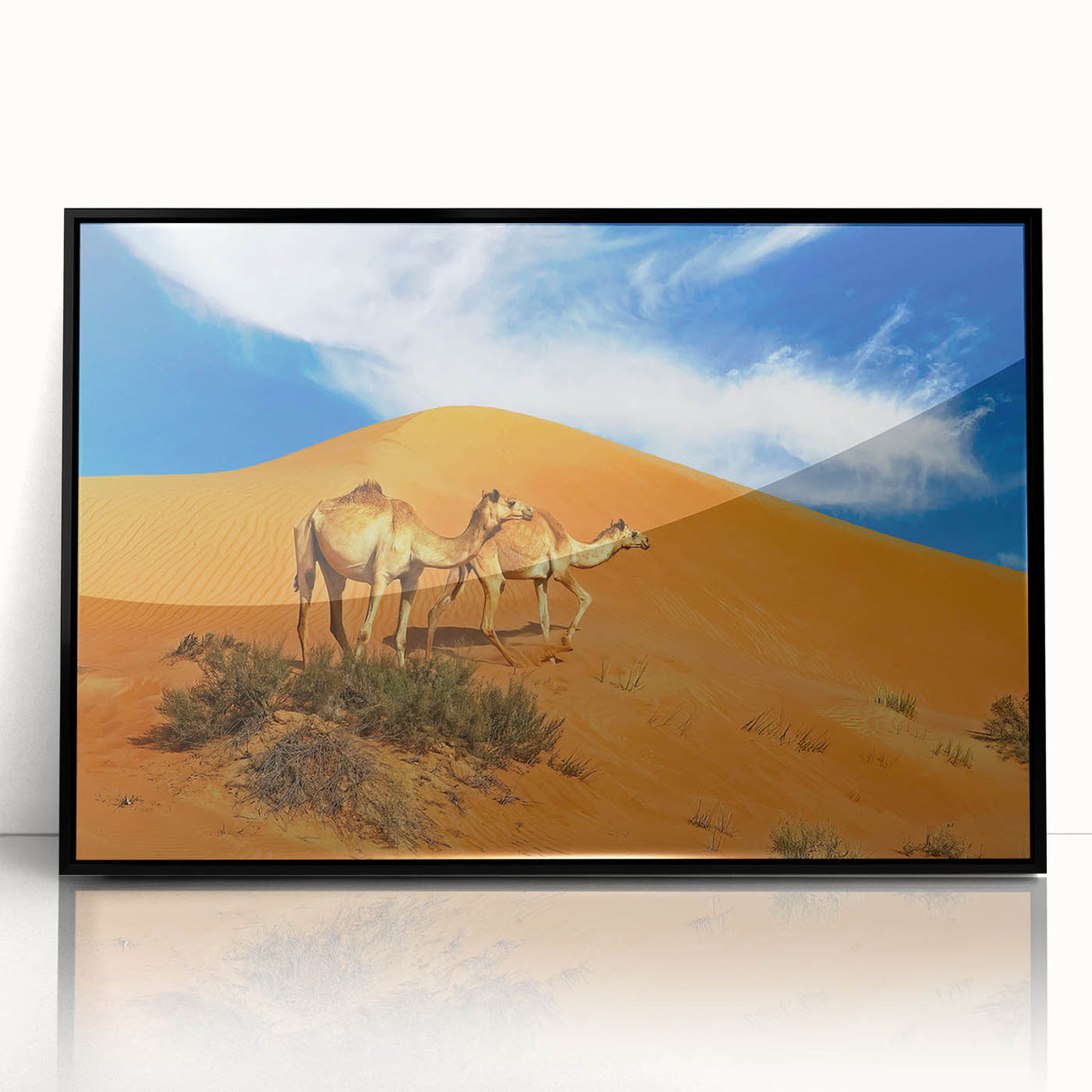 Large abstract wall art of a Middle Eastern Oman scenery in muted earth tones on a framed acrylic.