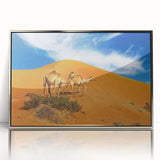 Mid-century modernist art depicting a serene Oman landscape in muted earth tones on a silver-framed acrylic print.