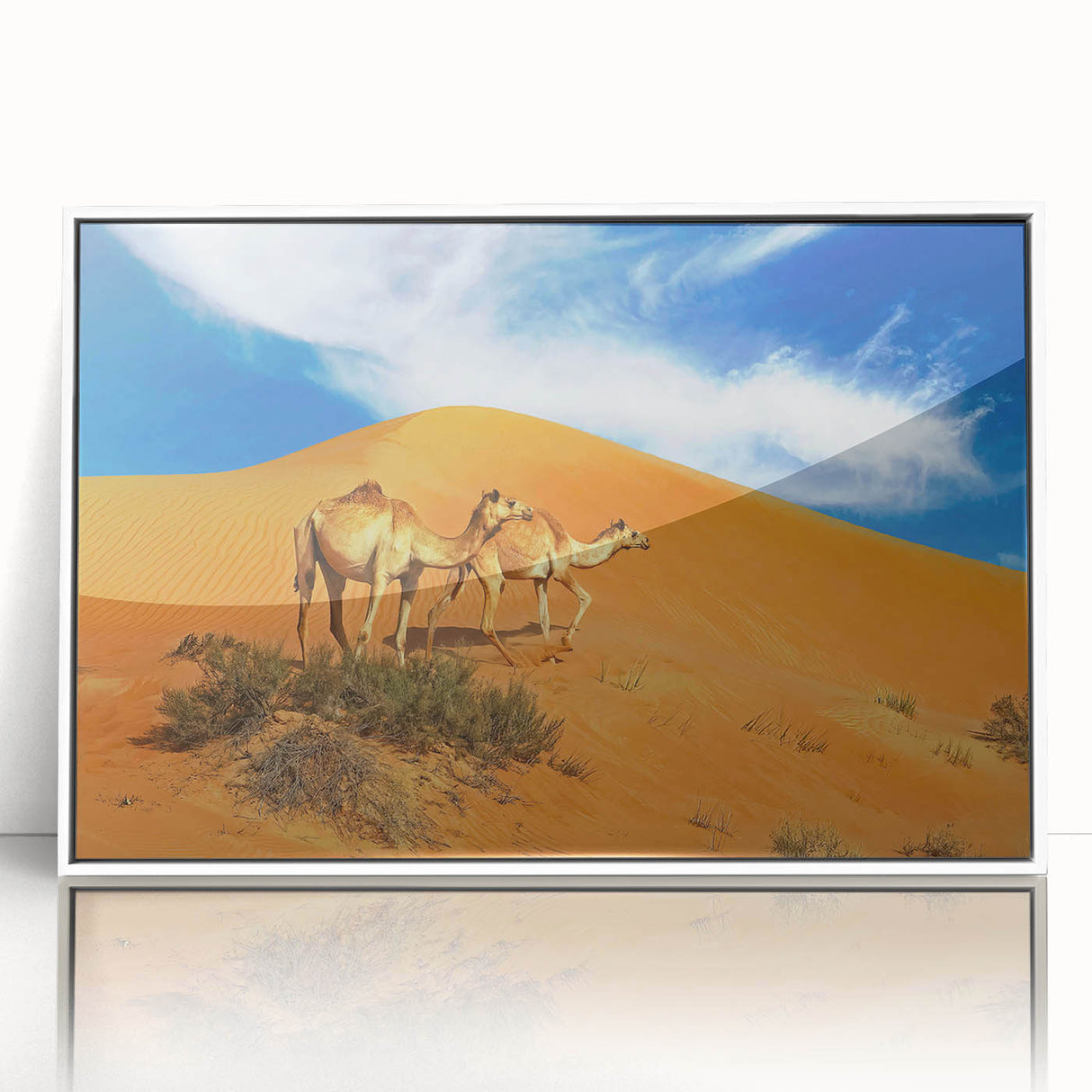 Art deco style poster of an Omani landscape in muted earth tones on a framed acrylic, suitable for modern art wall decor.