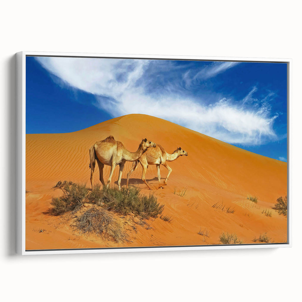 Vintage poster art of a Middle Eastern scenery on a large framed canvas, featuring vibrant, colorful details.