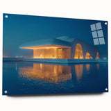 Large abstract wall art of Abu Dhabi skyline in muted blue and gray tones on acrylic glass.