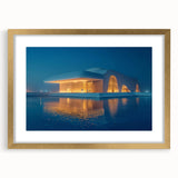 Extra large abstract art print of Abu Dhabi skyline in muted gold and blue tones on a framed canvas.