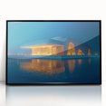 Large abstract wall art featuring a mid-century modernist design of Abu Dhabi scenery in muted earth tones on a framed…