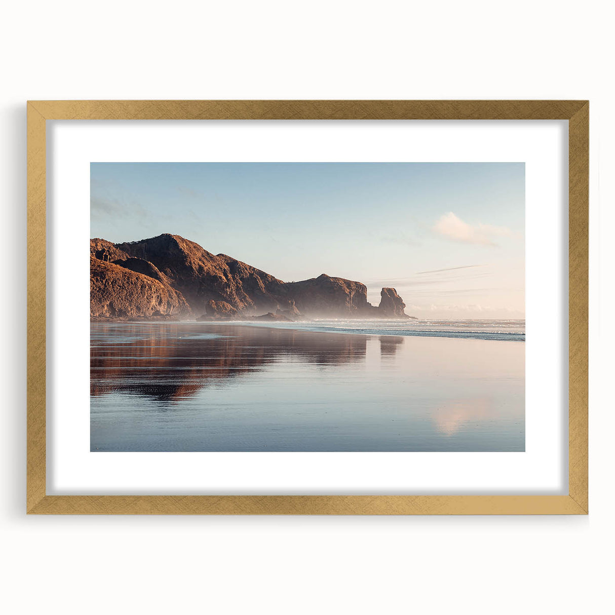 Extra large abstract art print of Auckland's skyline in textured hues of blue and grey on a gold-framed canvas.