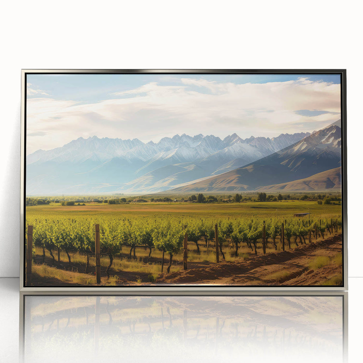 Mid-century modernist art depicting an Argentinian landscape in acrylic, silver-framed, ideal for nursery wall art.