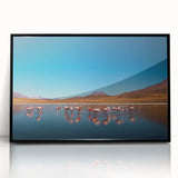Large abstract wall art featuring a colorful Bolivian landscape in mid-century modernist style, framed in black acrylic.