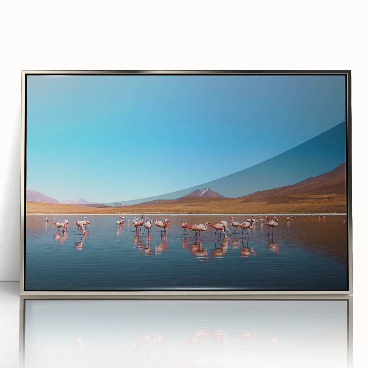 Mid-century modernist art depicting a Bolivian landscape in silver-framed acrylic, suitable for nursery wall decor.