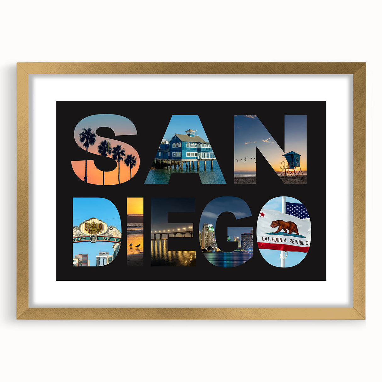 Extra large abstract art print of San Diego scenery in textured gold frame, ideal for living room decor.