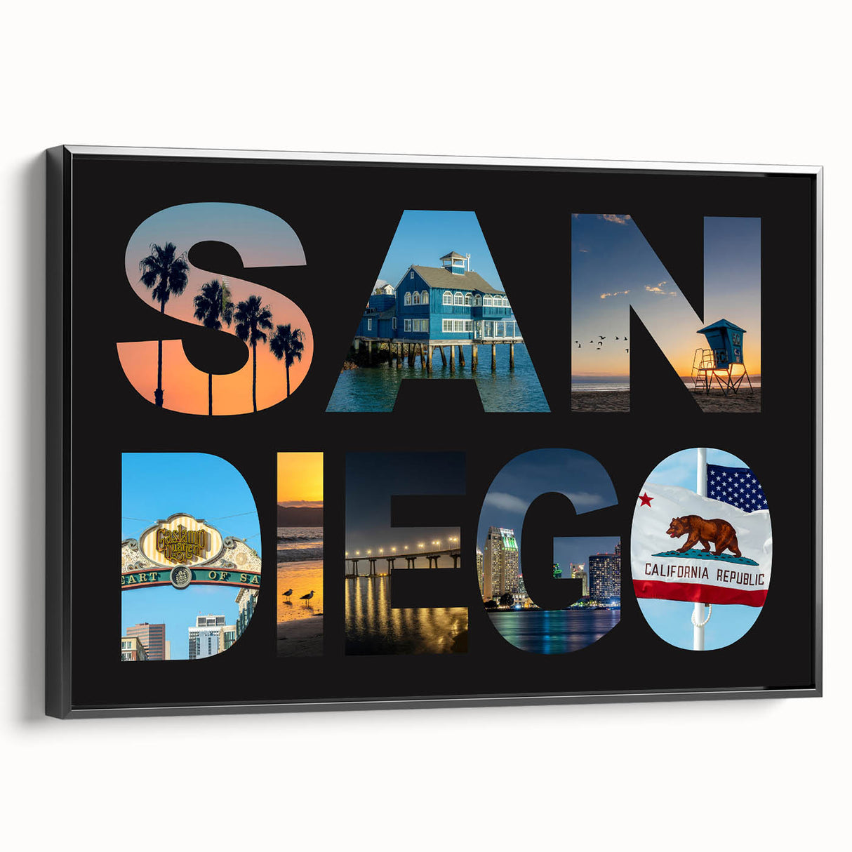 Black and white wall art featuring San Diego landscape on framed canvas, suitable for bedroom decor.