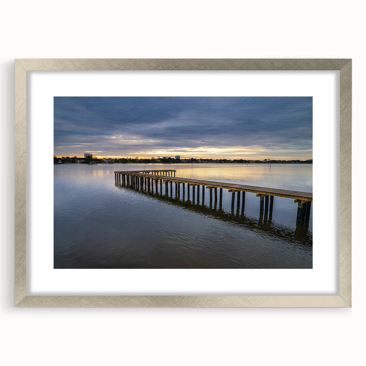 Textured abstract art print depicting a muted color beach scene on a framed silver mat, ideal for bedroom art.