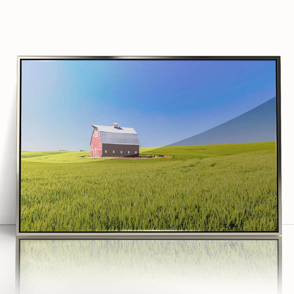 Framed acrylic print of a mid-century modernist Idaho scenery in muted earth tones, ideal for nursery wall art.