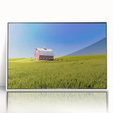 Acrylic print of Idaho scenery in art deco style, with muted earth tones, framed in white.