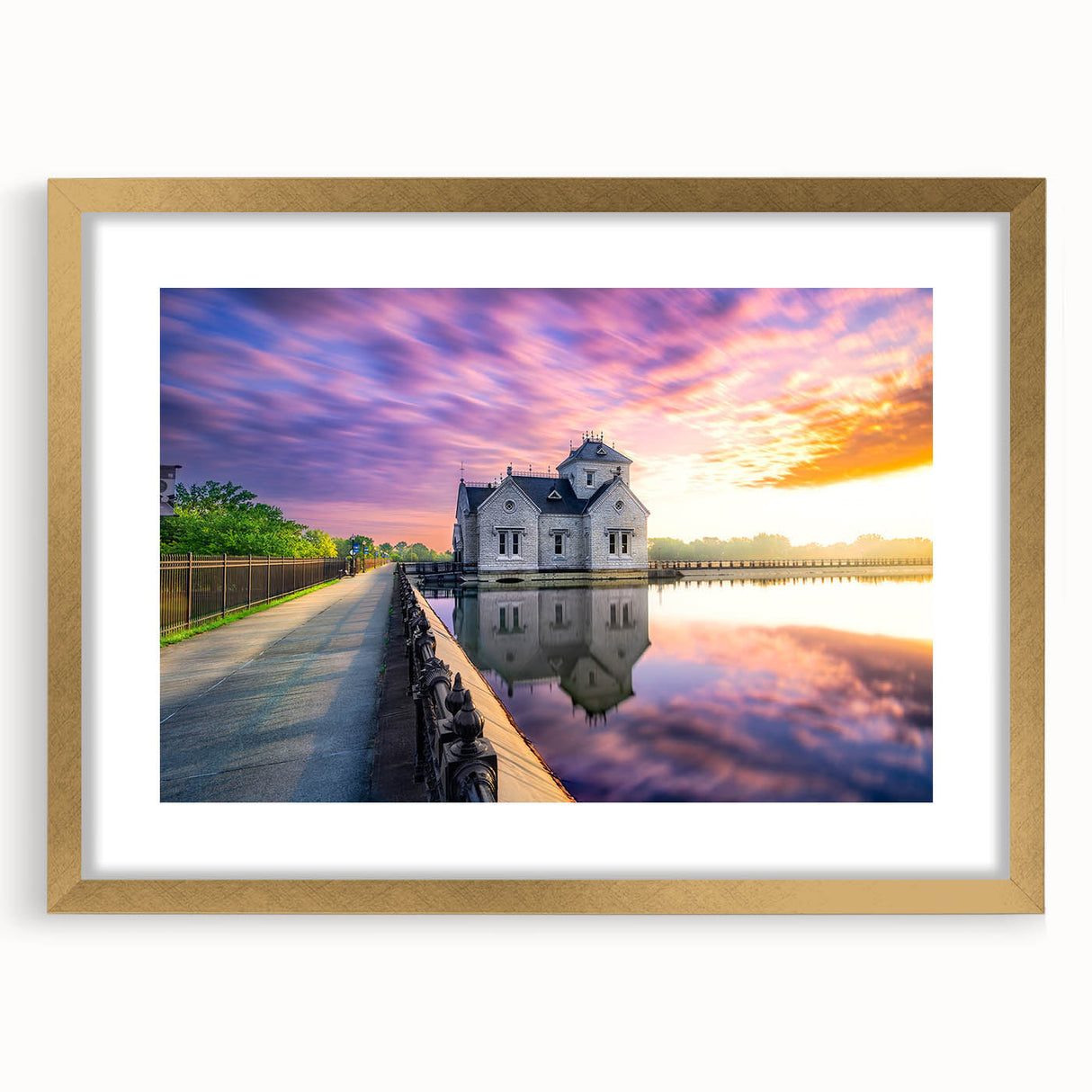 Extra large abstract art print of a textured Kentucky landscape in muted earth tones, framed in gold.