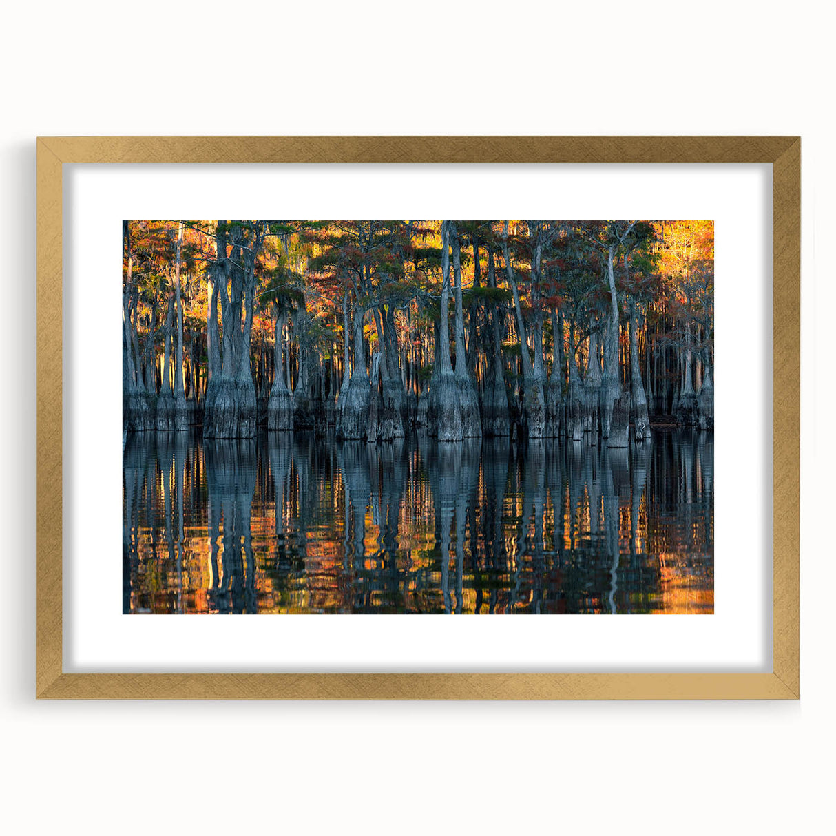 Abstract art print of Louisiana scenery in textured gold frame, featuring muted earth tones.