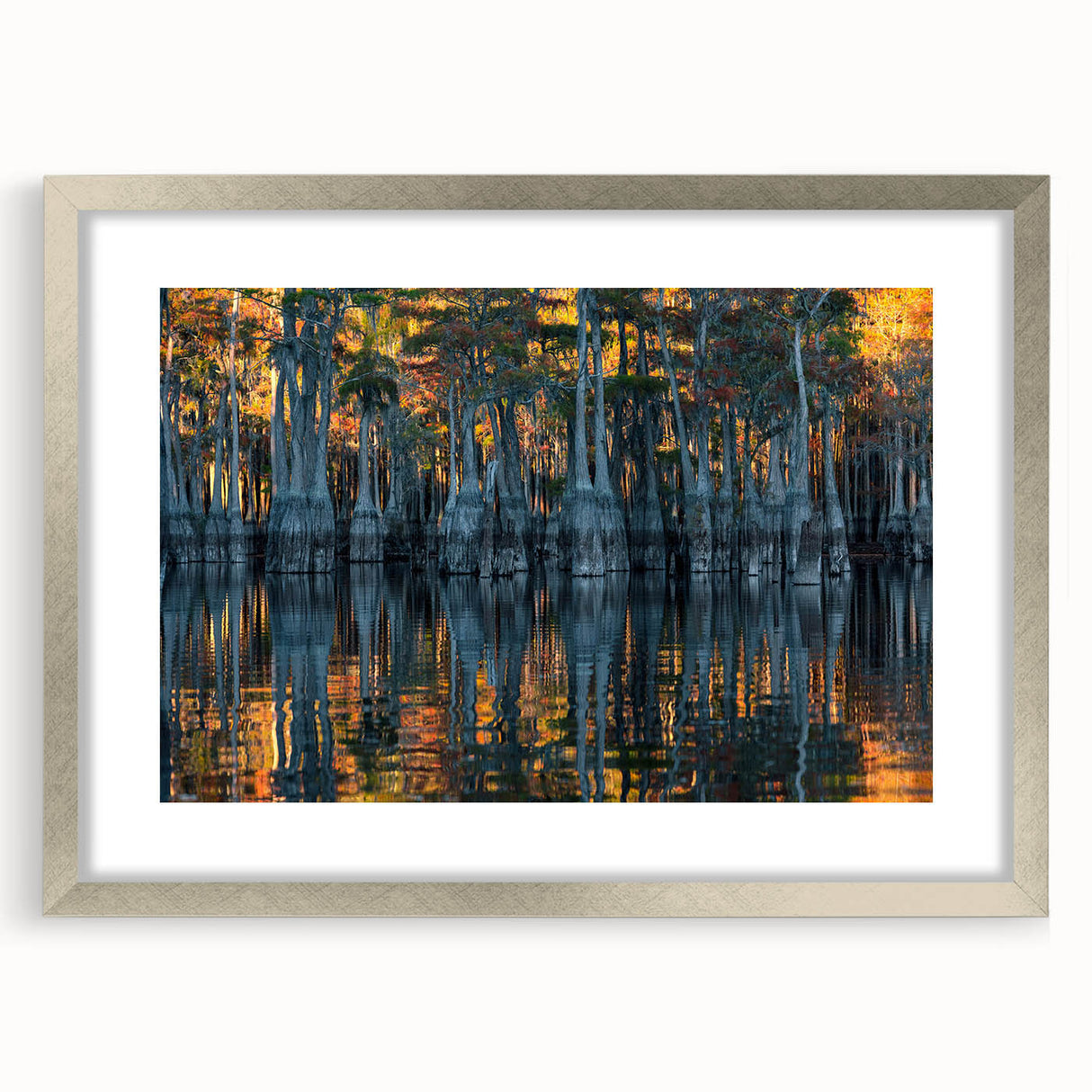 Textured abstract art print of a Louisiana landscape in muted earth tones on a framed silver mat, ideal for bedroom art.