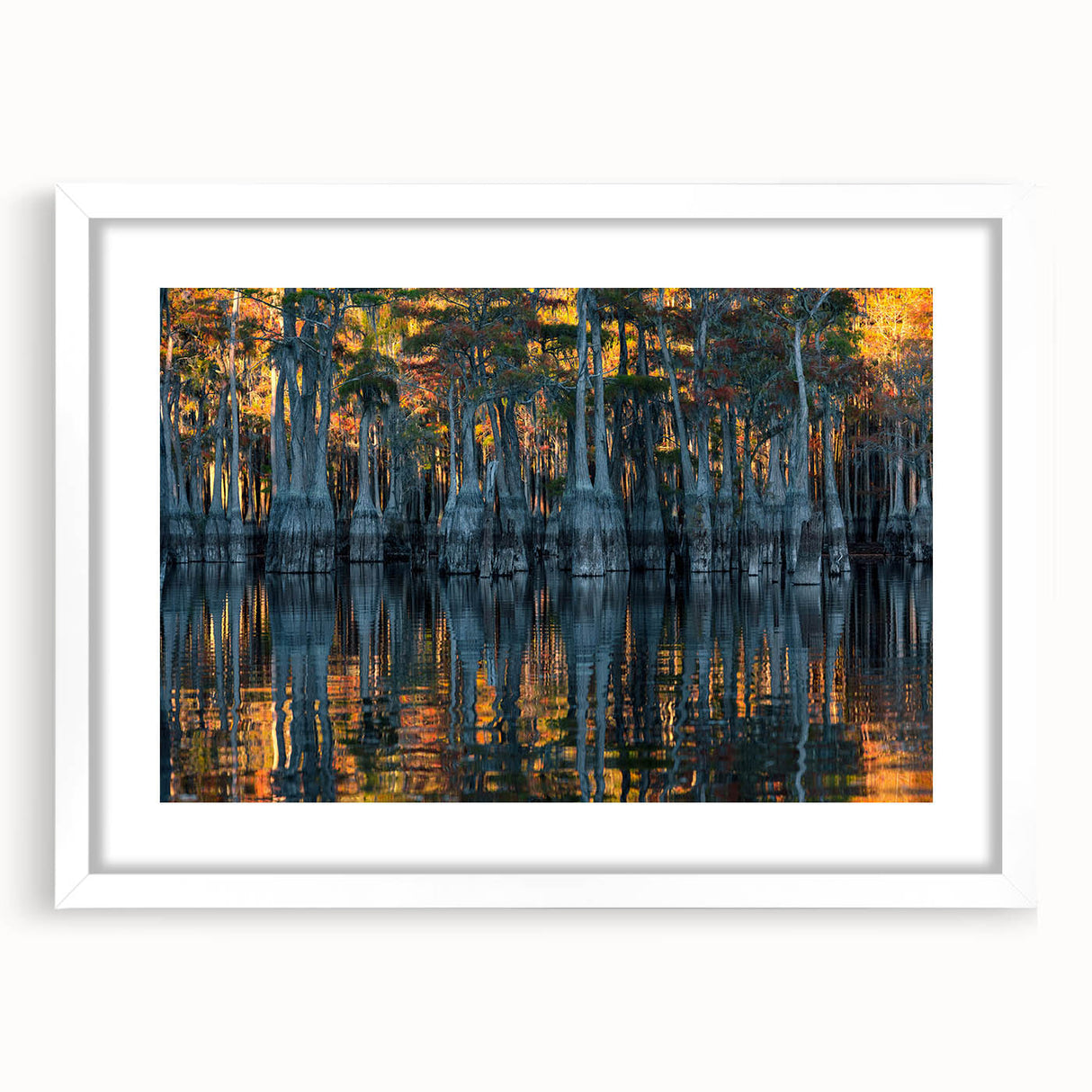 Abstract art print of Louisiana scenery in muted earth tones on a white framed canvas, suitable for dining room decor.