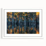 Abstract art print of Louisiana scenery in muted earth tones on a white framed canvas, suitable for dining room decor.
