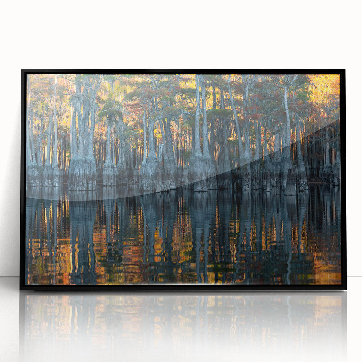 Large abstract wall art depicting a vibrant Louisiana landscape in mid-century modernist style on black framed acrylic.