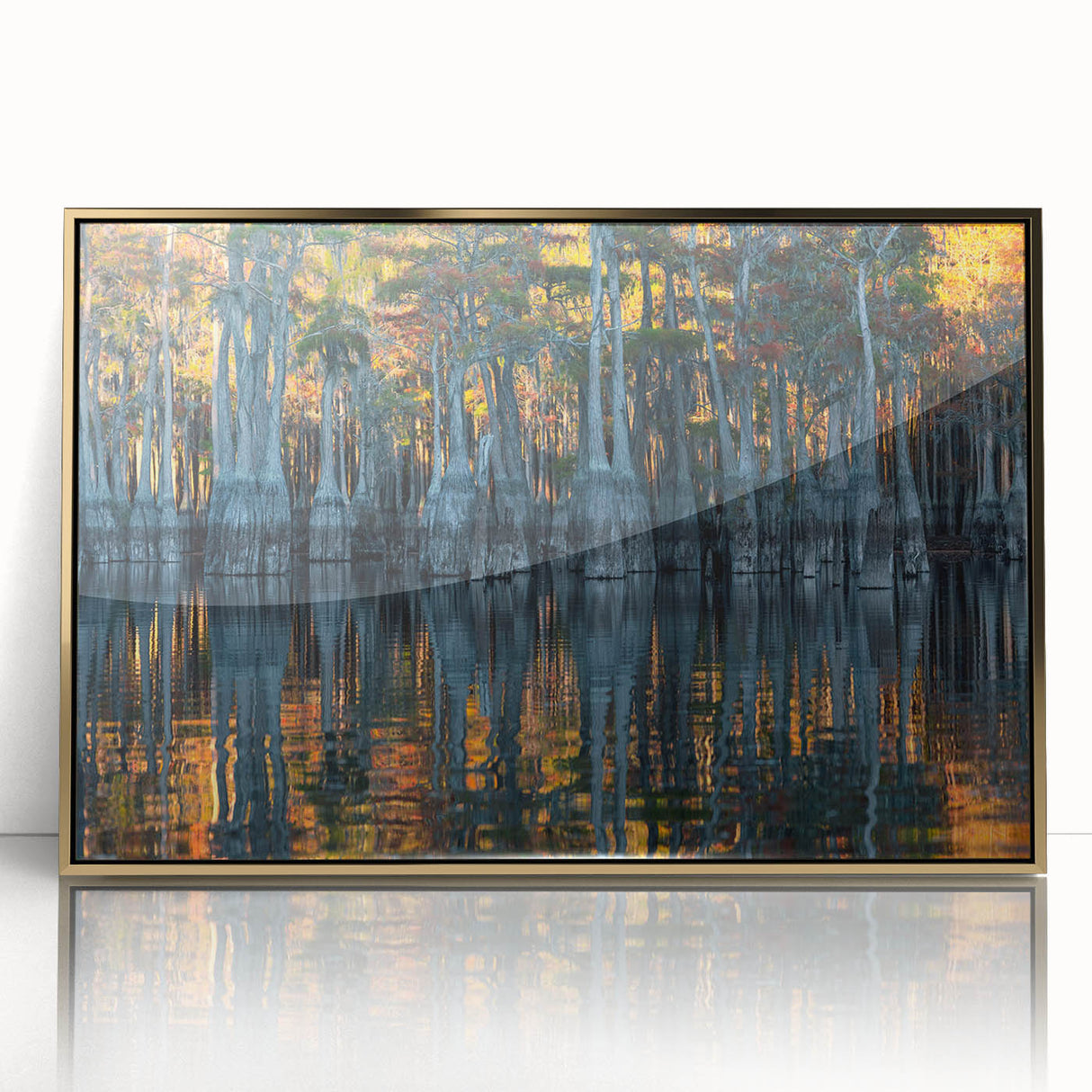 Large art print of a Louisiana landscape in mid-century modernist style, framed in gold acrylic.
