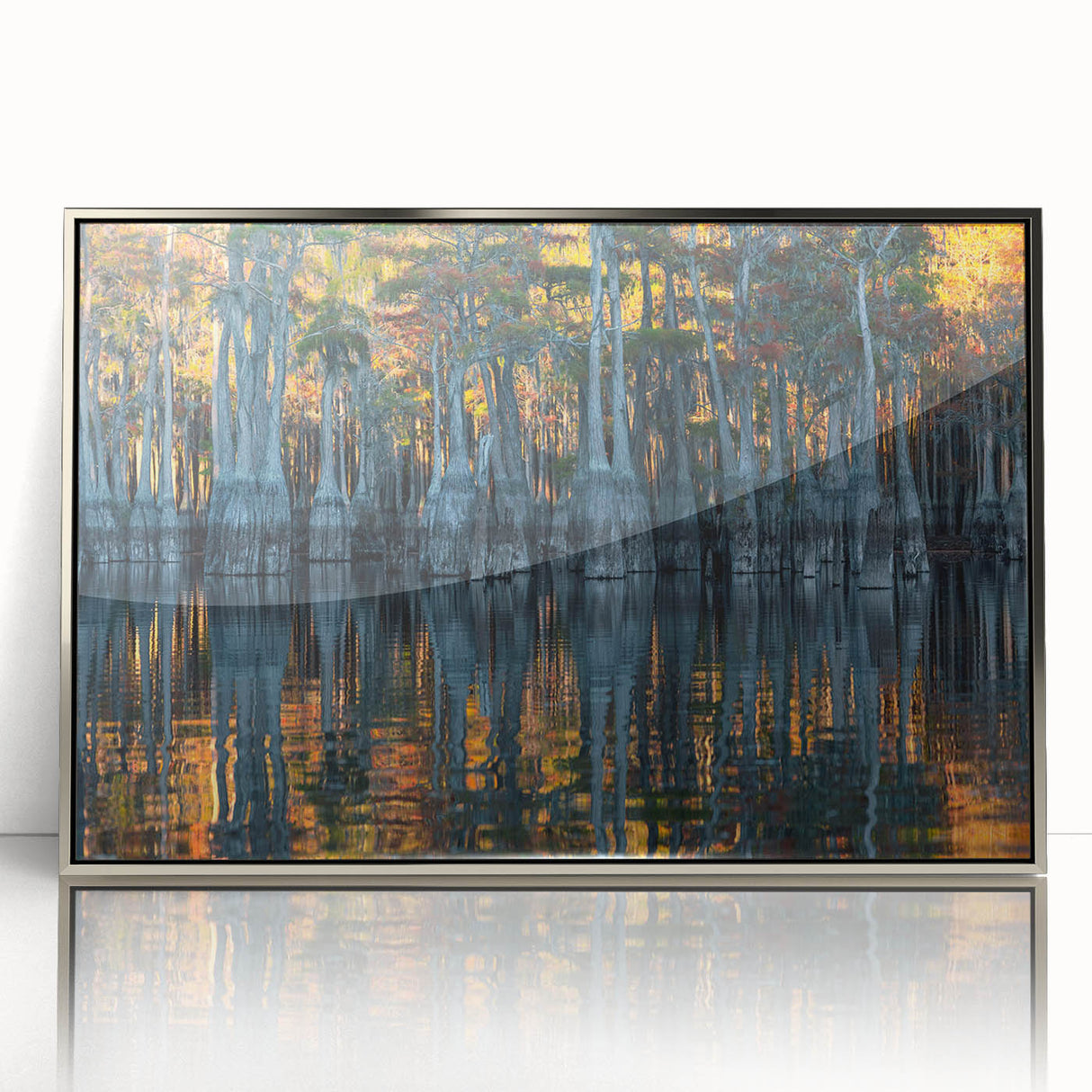 Mid-century modernist art depicting a Louisiana landscape in muted earth tones on a framed acrylic panel.