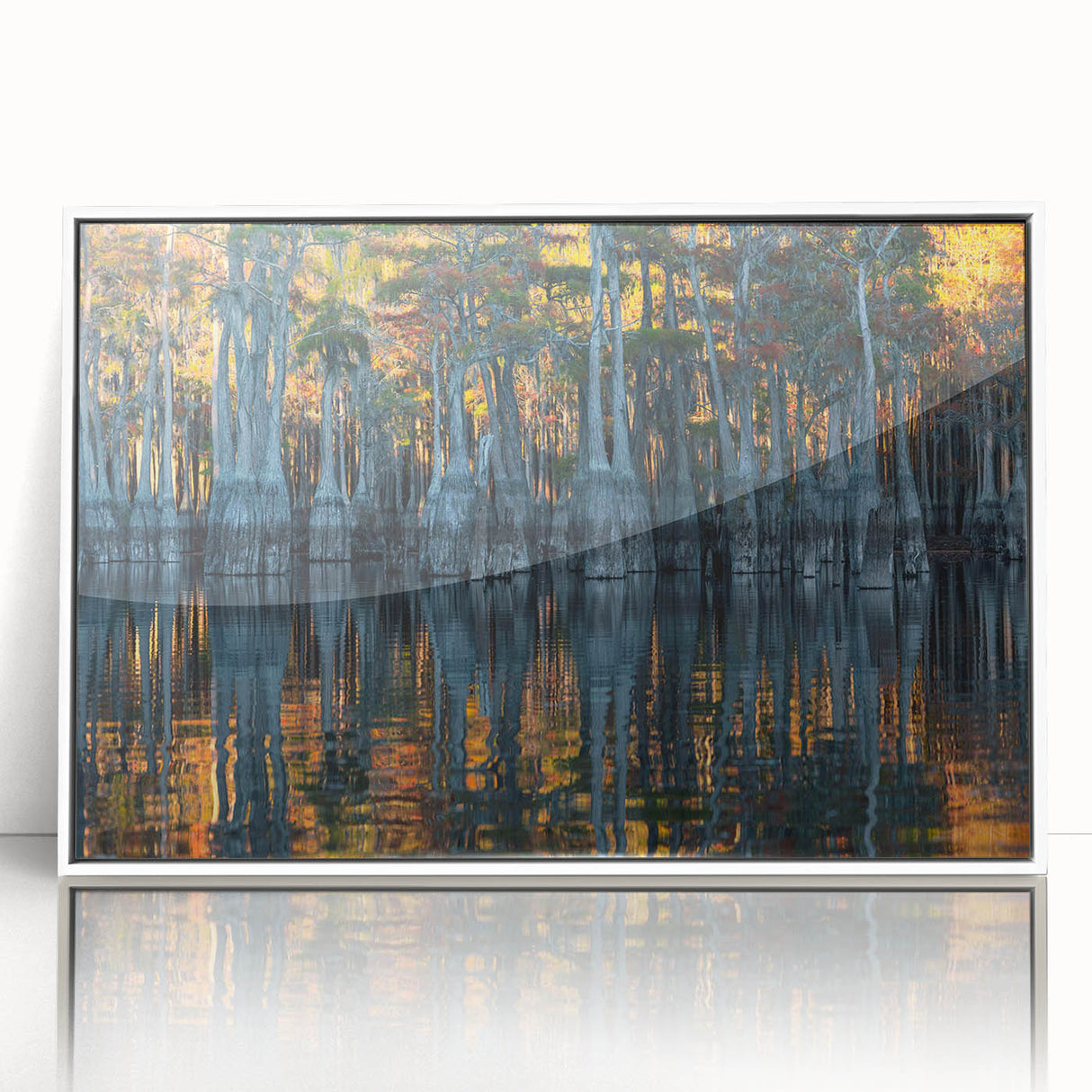 Art deco poster of Louisiana scenery in muted blue tones, acrylic print in white frame, suitable for modern nursery decor.