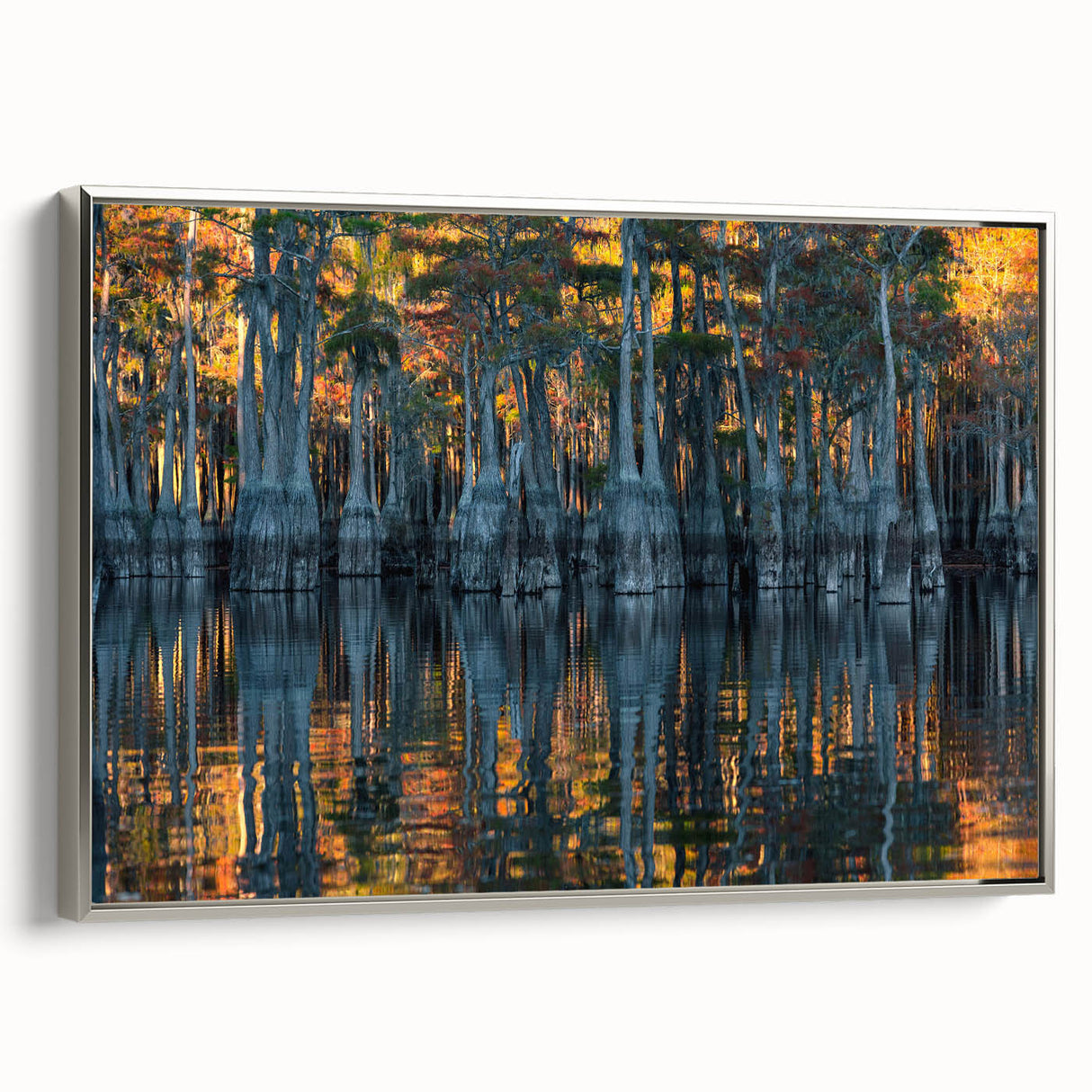 Landscape art painting of a Louisiana scene on a silver-framed canvas, featuring vibrant colors with a vintage poster style.