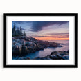 Colorful abstract art print of Acadia, Maine, in a black frame with mat, featuring vibrant, textured hues.
