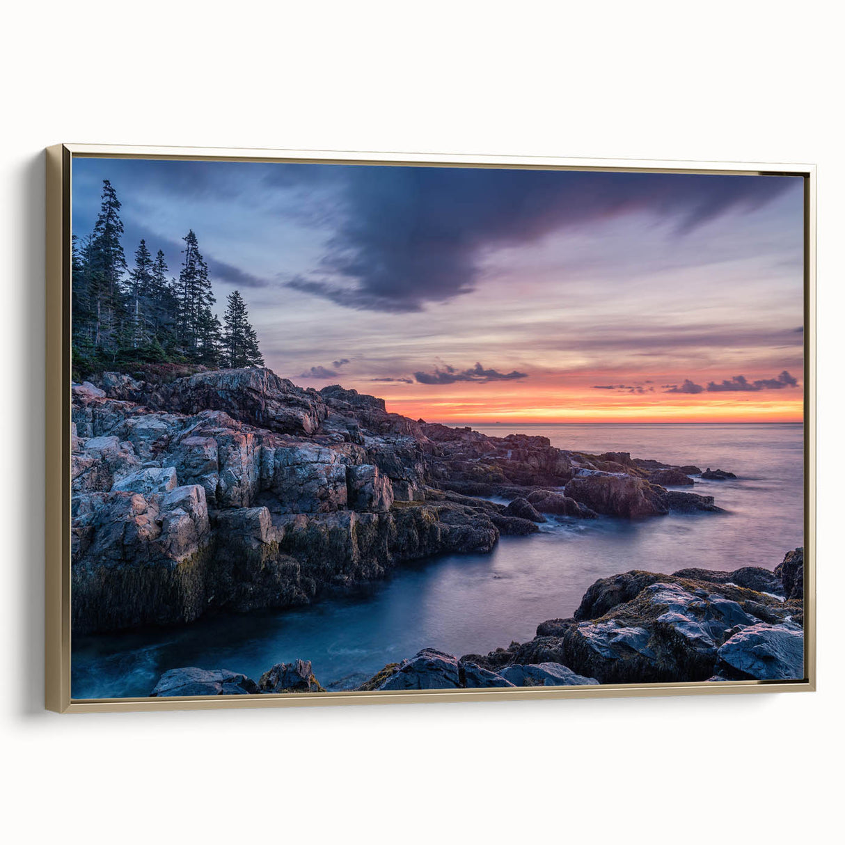 Framed canvas wall art featuring a vintage-style landscape painting of Acadia, Maine, in muted gold and black tones.