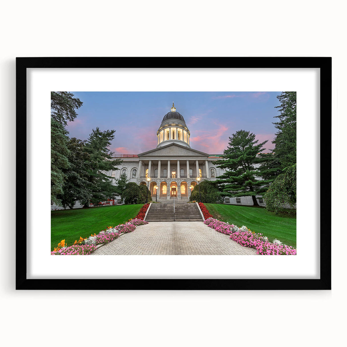 Extra large abstract art print depicting a colorful, textured Maine scenery on a black framed canvas.