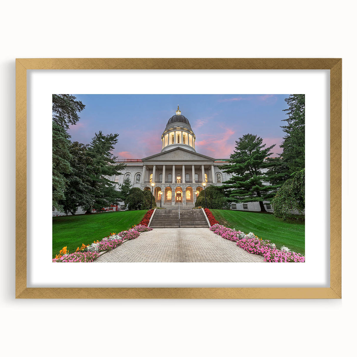 Extra large abstract art print of a textured Maine scenery in gold frame, ideal for living room decor.